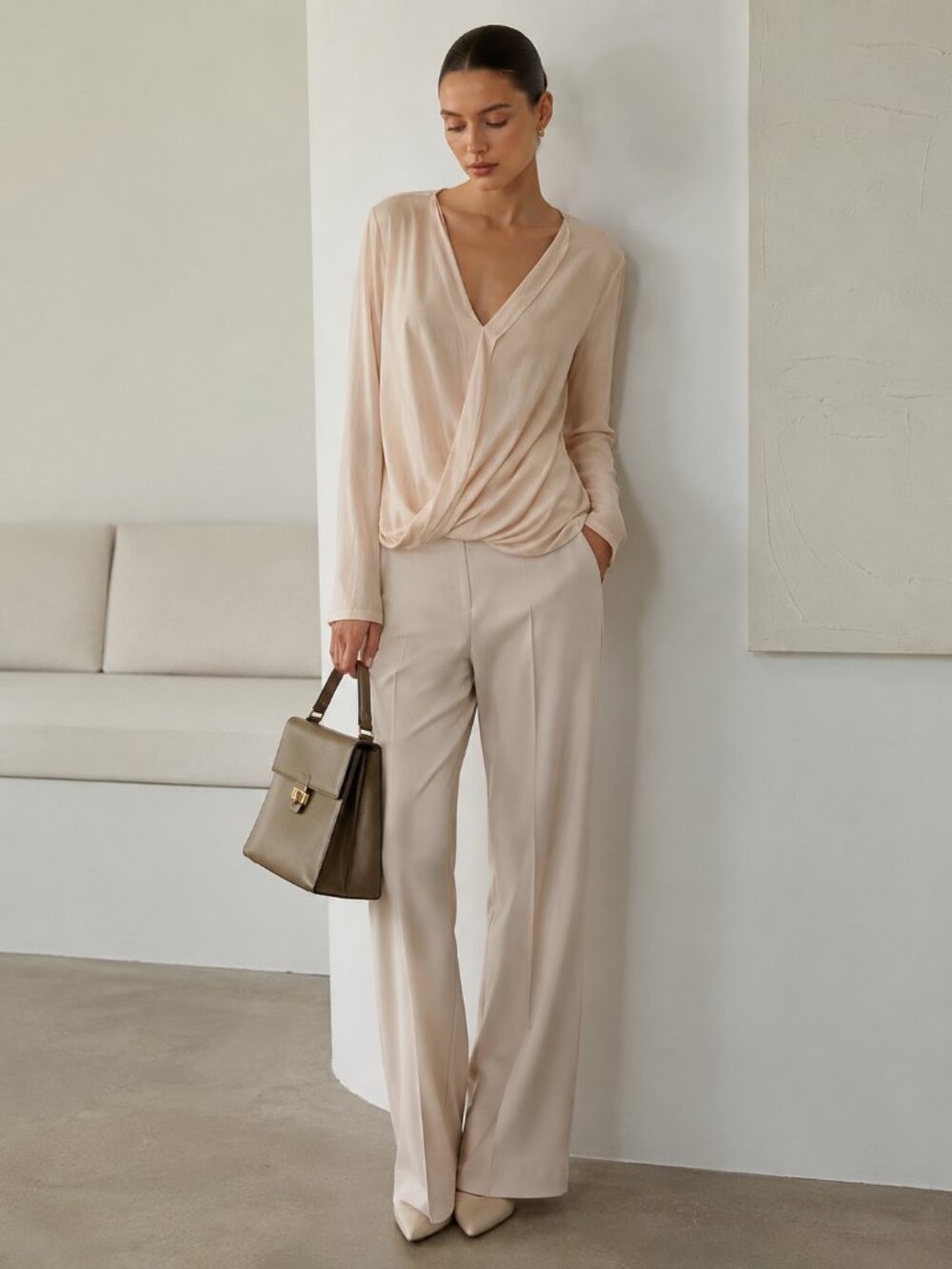 THEORY Silk Blend Draped Surplice Blouse Minimalist Office Chic Timeless Work M